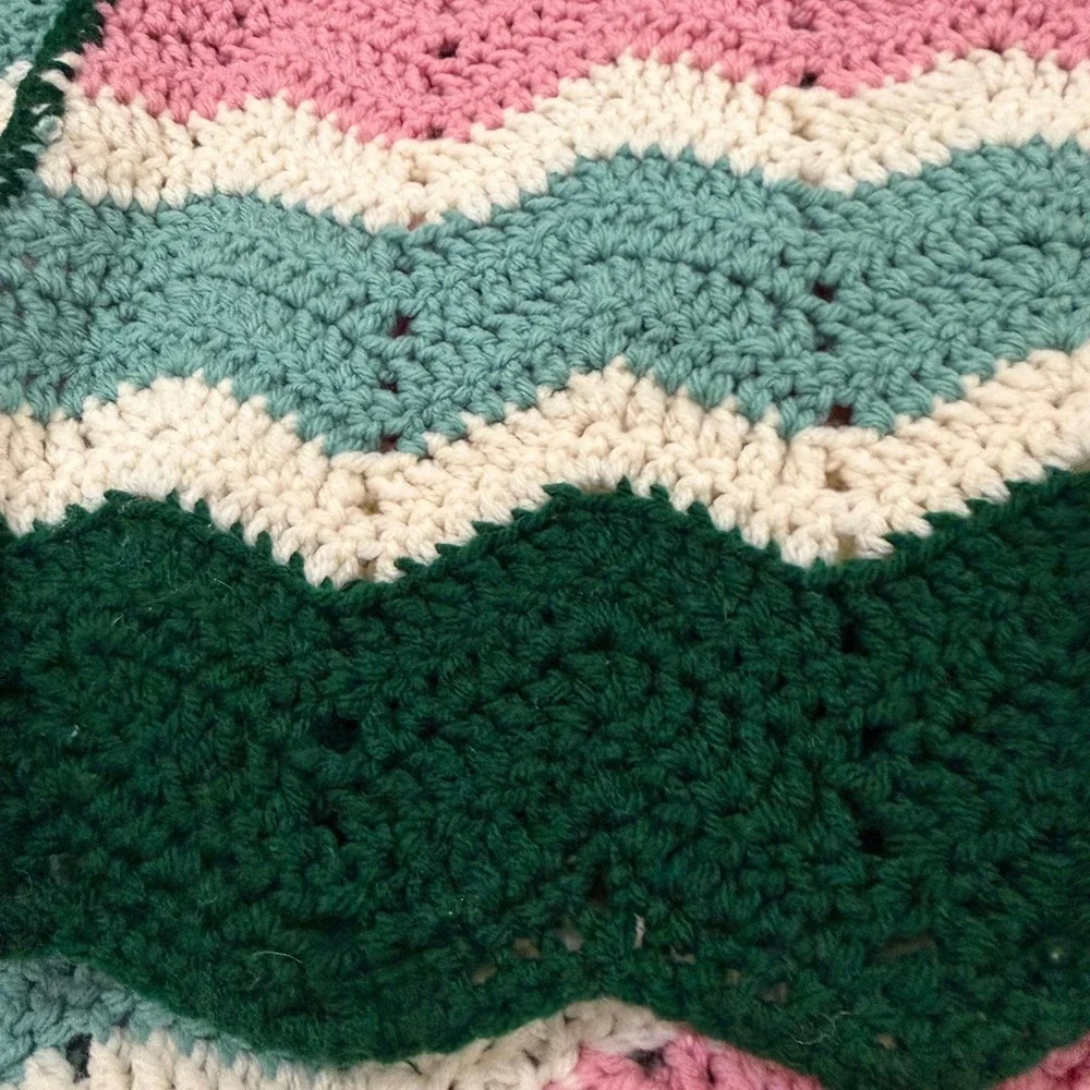 Hand Crocheted Vintage Chevron Afghan Blanket Green Pink‎ Cream Striped Throw